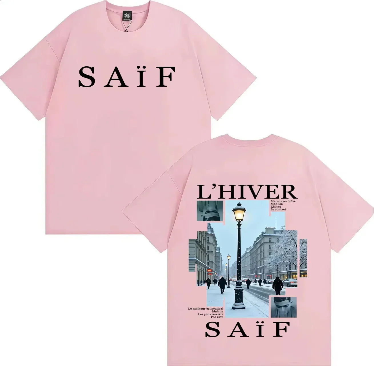 Pink short-sleeved rapper saif ablum cotton t-shirt with hip hop graphics on back for womens casual y2k streetwear