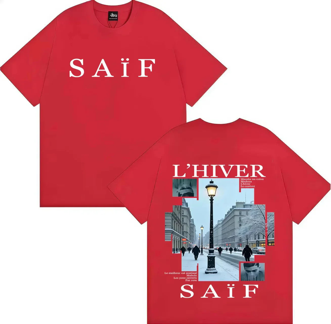 Red short-sleeved cotton t-shirt with snowy parisian street hip hop graphics by rapper saif ablum womens casual y2k