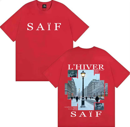 Red short-sleeved cotton t-shirt with snowy parisian street hip hop graphics by rapper saif ablum womens casual y2k