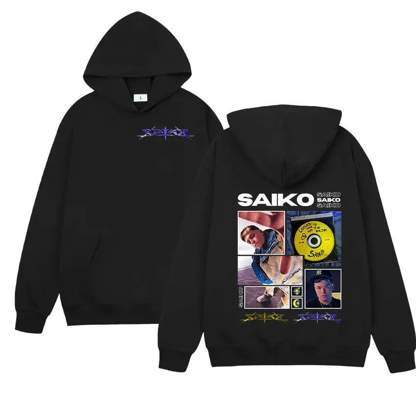 Black hoodie back side with vibrant graphic print featuring rapper saiko tour text and yellow cd for hip hop gothic style