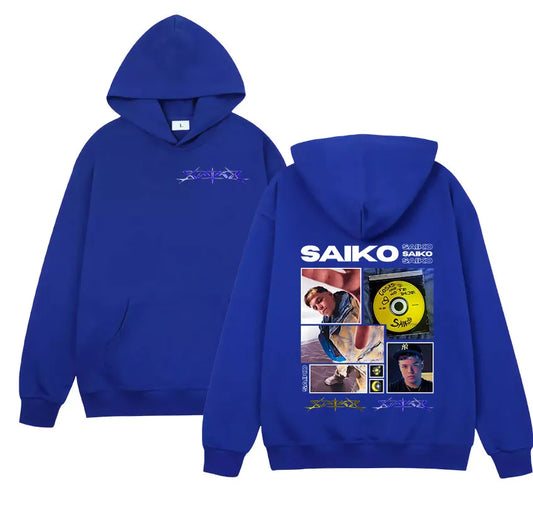 Royal blue saiko hoodie back featuring vibrant collage design with photos and text in vintage oversized sweatshirt style for rapper saiko tour