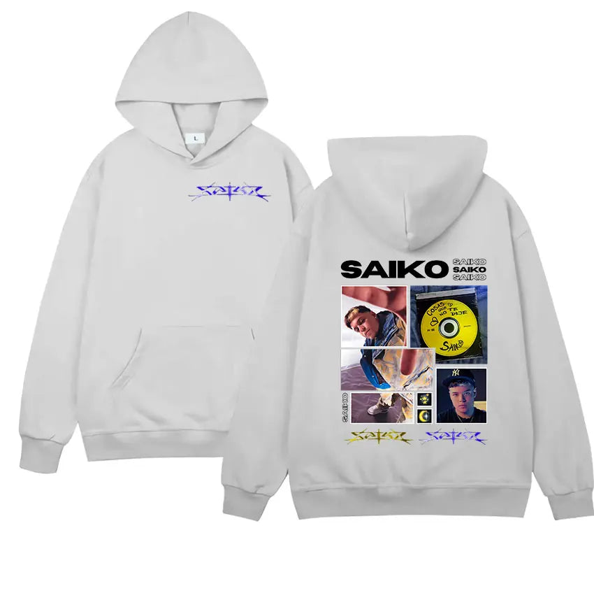 White hoodie with rapper saiko tour graphic print and music icons on the back vintage oversized sweatshirt gothic punk hooded