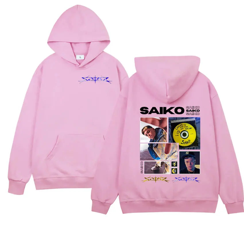 Pink hooded sweatshirt with rapper saiko tour graphic print featuring a yellow vinyl record for hip hop gothic style