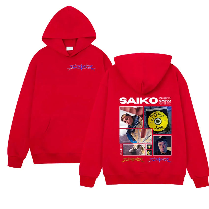 Red hooded vintage oversized sweatshirt with rapper saiko tour 2025 graphic print on the back in gothic punk style