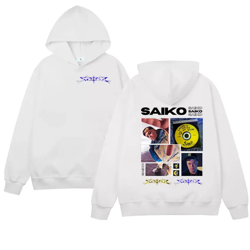 White hoodie featuring rapper saiko tour graphic print in black purple yellow green vintage oversized sweatshirt gothic punk hooded