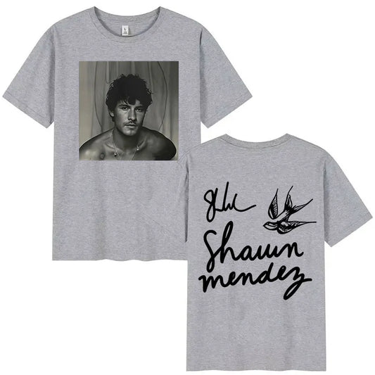 Gray cotton t-shirt featuring black and white portrait of shawn mendes front and signature with swallow graphic back