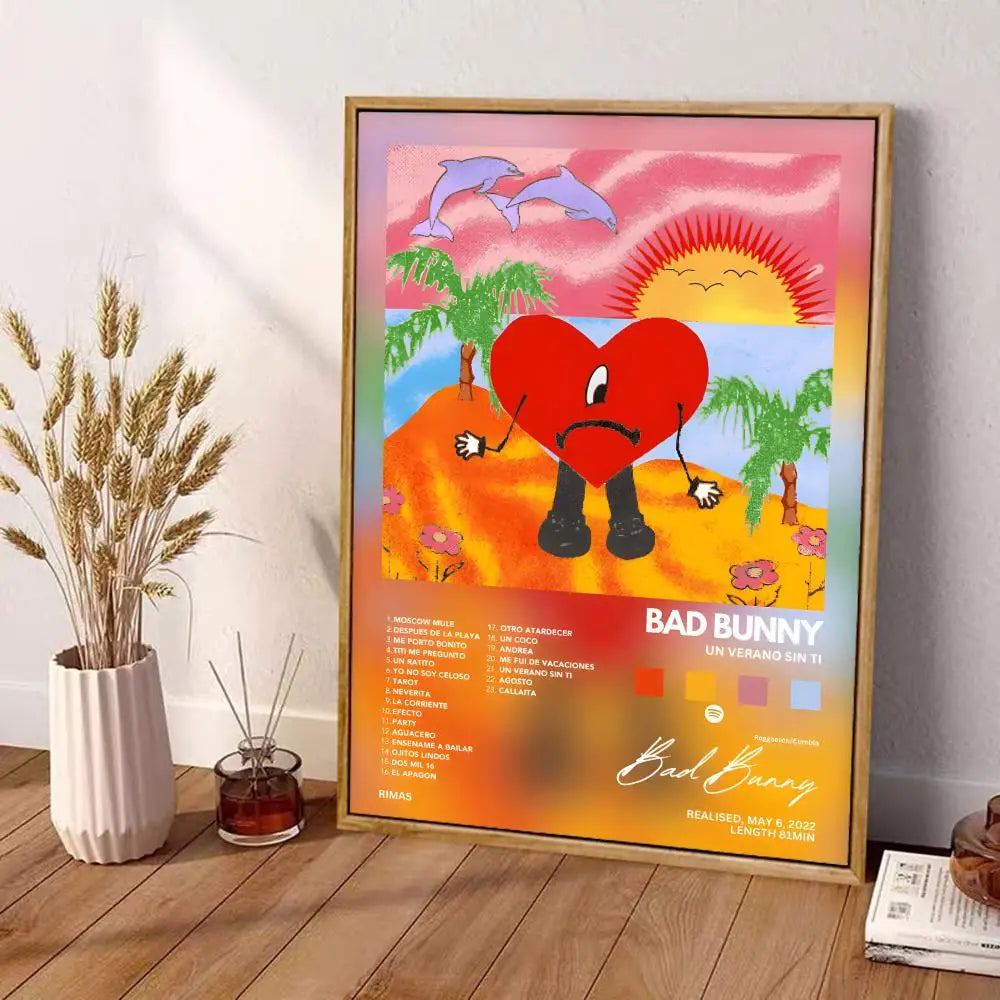 Vibrant waterproof canvas wall art decor featuring red heart cartoon and bad bunny un verano sin ti text