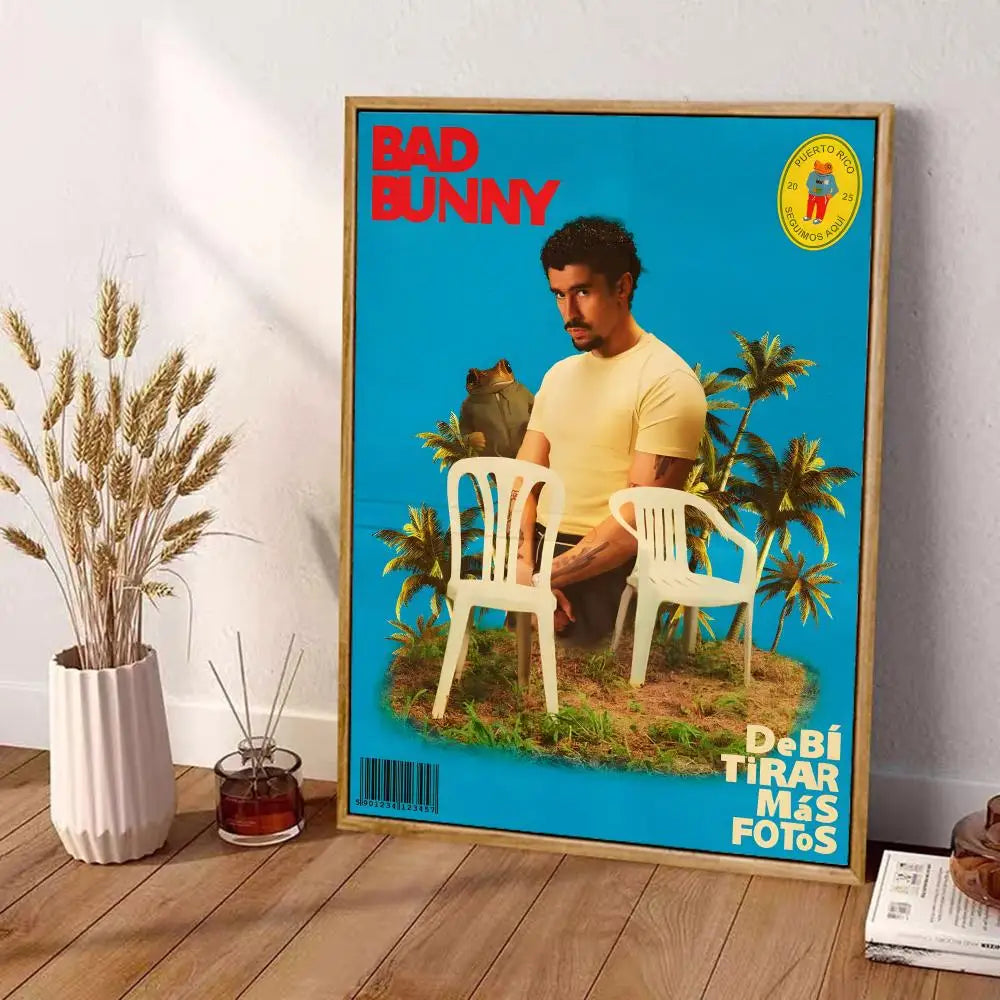 A framed bad bunny wall art decor poster in yellow shirt with blue palm tree background on waterproof canvas print