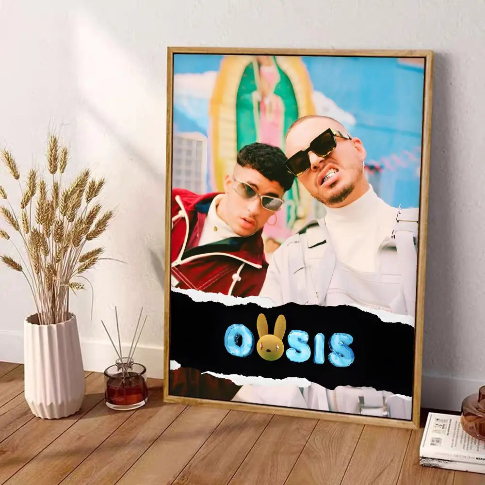 A framed canvas wall art decor featuring two men in sunglasses with colorful background and glowing oosis text