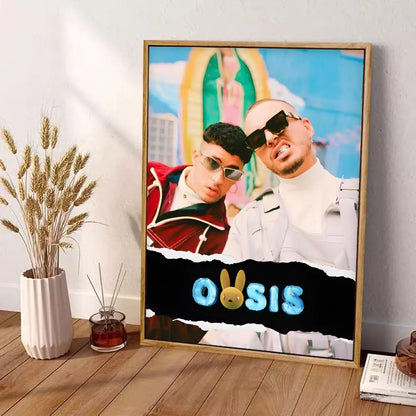 A framed canvas wall art decor featuring two men in sunglasses with colorful background and glowing oosis text
