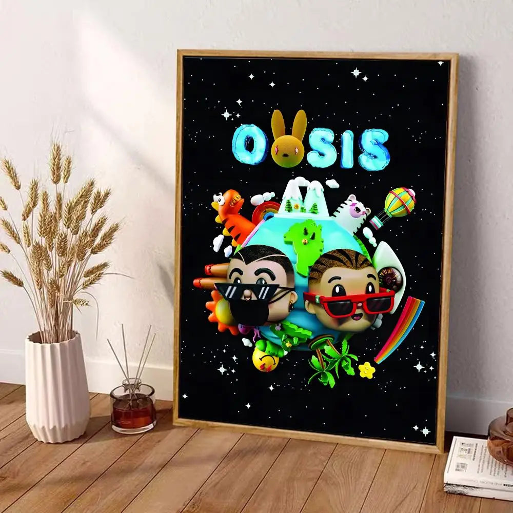 A framed b-bad bunny canvas wall art decor featuring glowing blue oasis text and colorful characters on black background