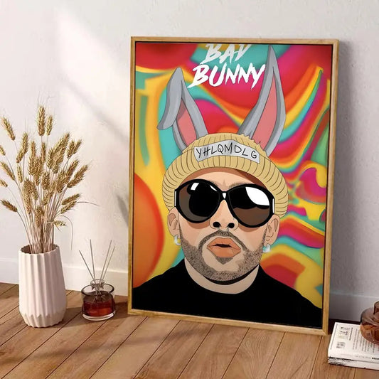Framed vibrant wall art decor of a stylized b-bad bunny portrait with bunny ears and sunglasses on a psychedelic background