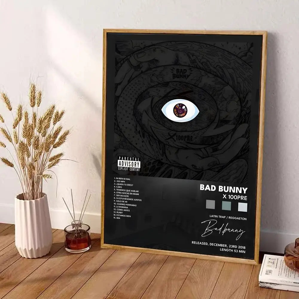 Black framed waterproof canvas wall art decor featuring bad bunny x 100pre stylized eye design and tracklist mural