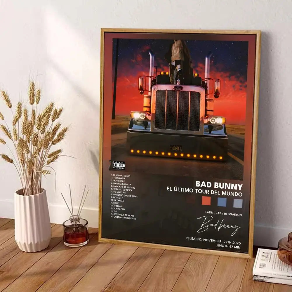 Framed matte paper wall art featuring bad bunny el último tour del mundo album art with red orange sunset background