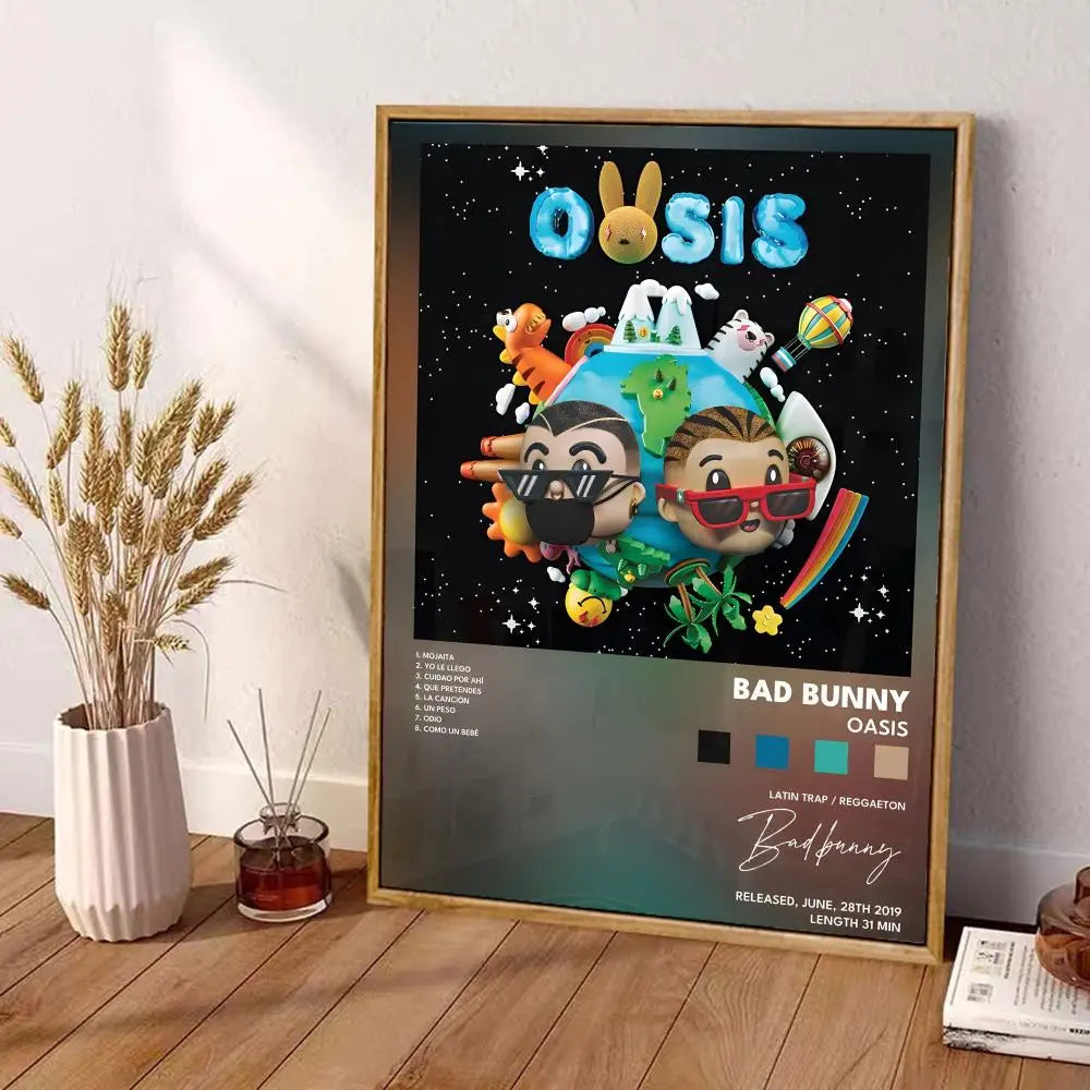 A framed poster featuring cartoon characters, the word ’oasis’ in blue lettering with a bunny head design above it, and text indicating bad bunny’s album release details.