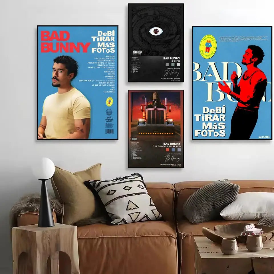 Three framed bad bunny canvas posters in brown leather sofa setting perfect for wall art decor in bedroom or home