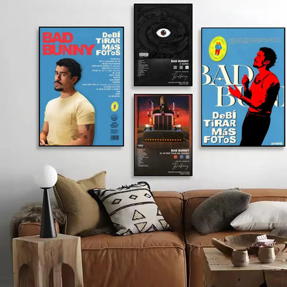 Three framed bad bunny canvas posters in brown leather sofa setting perfect for wall art decor in bedroom or home