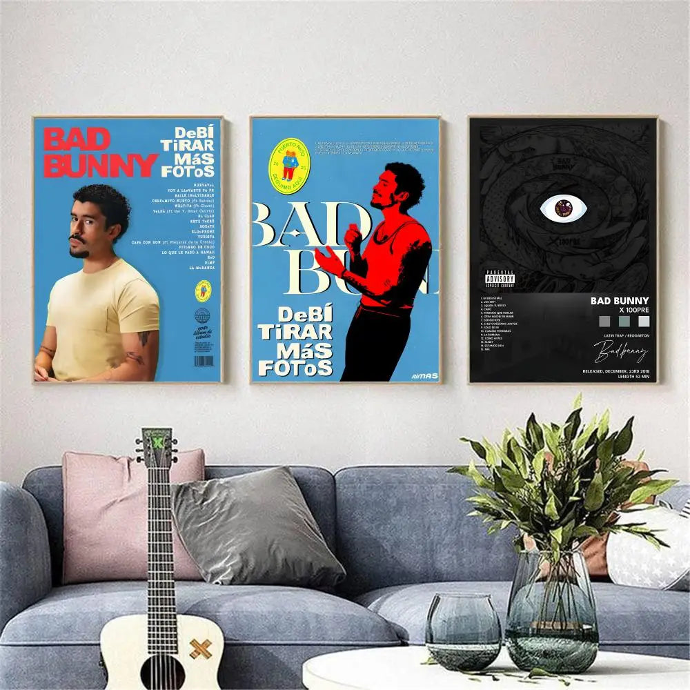 Three framed bad bunny album art posters featuring distinct designs on waterproof canvas wall art decor for bedroom