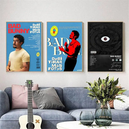 Three framed bad bunny album art posters featuring distinct designs on waterproof canvas wall art decor for bedroom
