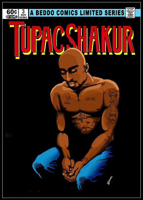 A rap poster canvas featuring tupac shakur in bold red and yellow comic style ideal for home decor protection time