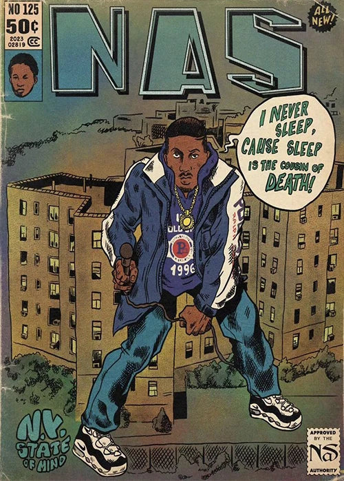 Blue and white varsity jacket with gold chain worn by Nas on rapper singer Eminem comic covers poster canvas print perfect for order protection time