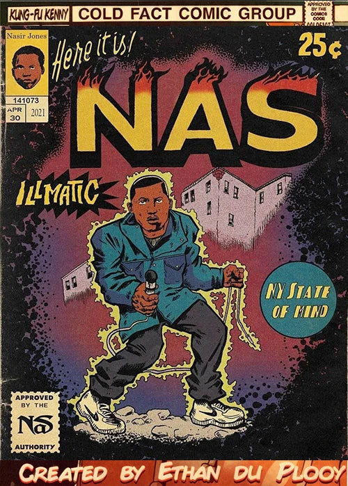 Comic book cover canvas print featuring rapper nas in teal jacket with fiery purple background, ideal for music fans room decor with order protection time