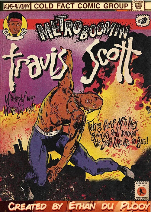 Vibrant canvas poster of travis scott comic cover with bold purple and orange hues ideal for music fan decor order protection time