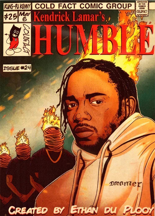 Comic book cover poster canvas featuring kendrick lamar in white hoodie with humble title and fiery design for rap fans protection time