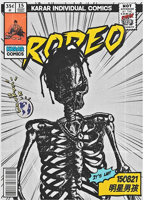 Black and yellow comic book cover canvas print featuring a skeleton with dreadlocks and chain necklace for room decor order protection time