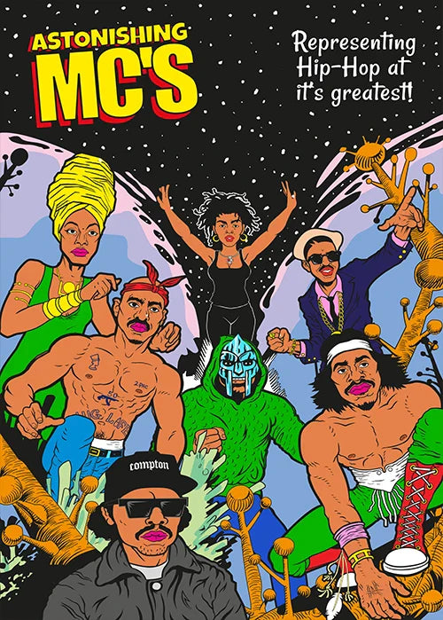 Astonishing mc album cover poster canvas featuring colorful hip-hop artists against cosmic background with order protection time