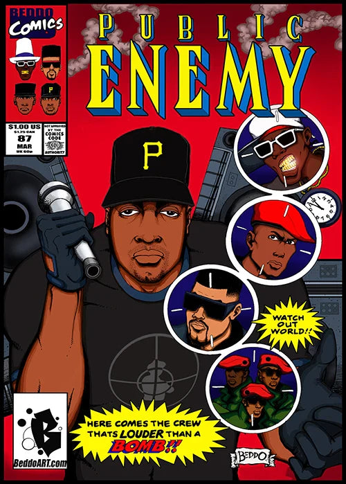 Public enemy comic book cover poster canvas print featuring rapper with black cap and yellow p logo red background ideal for home decor and order protection time