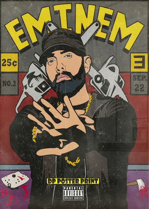 Stylized rapper eminem comic covers poster canvas print in black with yellow chains for music fans room decor protection time