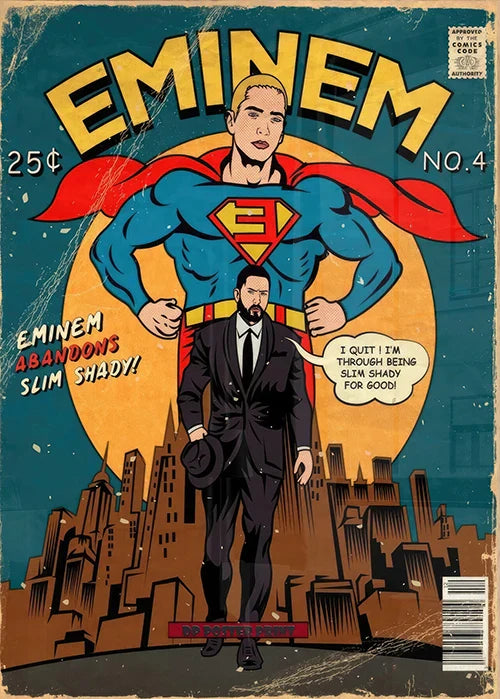 Vintage comic book cover of Eminem in a black suit titled Eminem issue 4 on poster canvas with order protection time