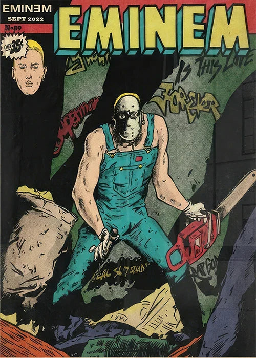 A rapper singer eminem comic cover poster canvas print featuring a muscular figure in teal overalls with order protection time