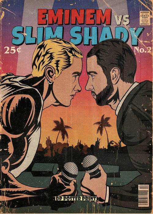 Vibrant retro comic book canvas poster featuring Eminem and Slim Shady in a sunset scene with order protection time