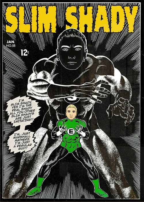 Green and black superhero pin with muscular figure and b emblem on chest in eminem comic covers poster canvas printing order protection time