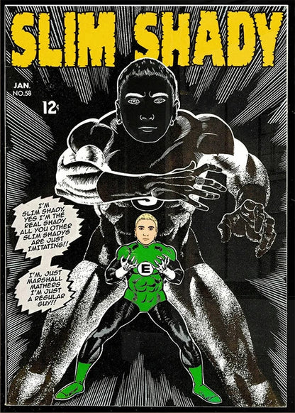 Green and black superhero pin with muscular figure and b emblem on chest in eminem comic covers poster canvas printing order protection time