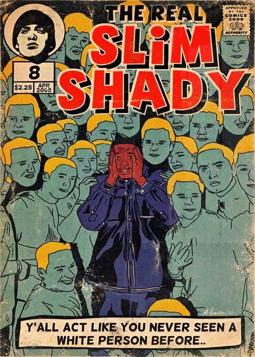 The real slim shady comic book cover poster canvas features a purple figure with red hands and yellow-haired faces protection time