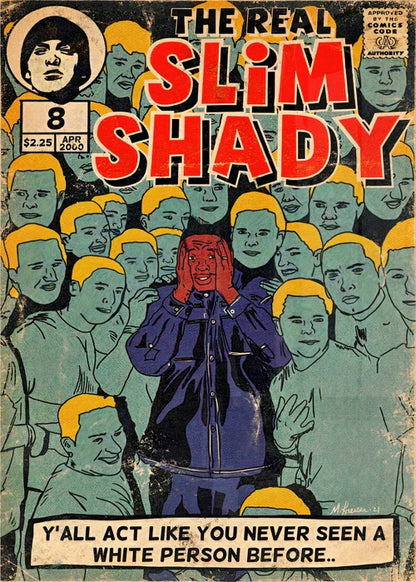 The real slim shady comic book cover poster canvas features a purple figure with red hands and yellow-haired faces protection time