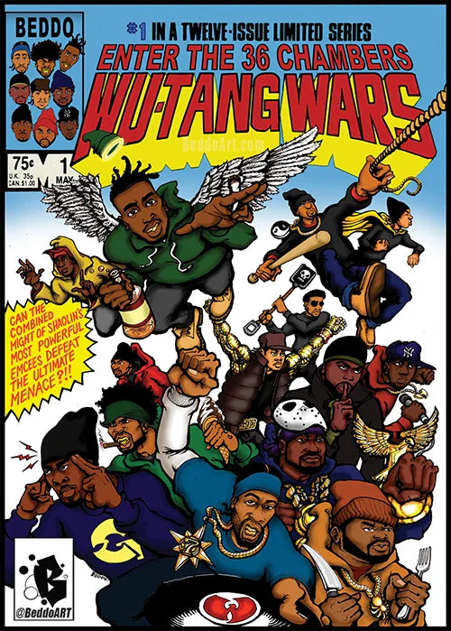 Vibrant rap poster canvas featuring wu-tang clan comic cover in red yellow on blue, ideal for room decor with order protection time
