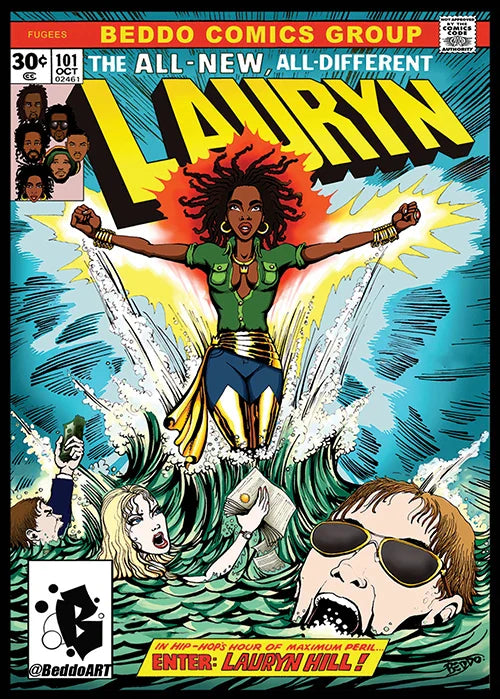 Vibrant rap pop canvas poster featuring lauryn hill in green and gold costume with explosive background for room decor protection time
