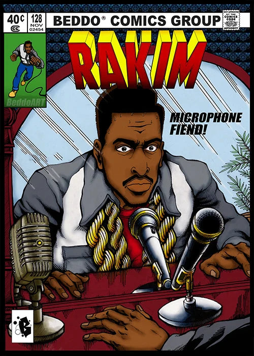 A vintage metallic microphone with a gold grille on a stand in front of an eminem comic covers poster for protection time