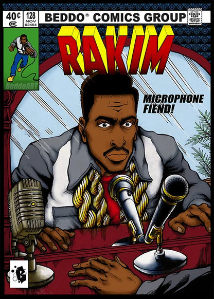A vintage metallic microphone with a gold grille on a stand in front of an eminem comic covers poster for protection time