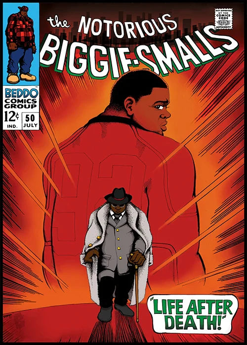 The notorious biggie-smalls comic book cover poster canvas print with bold red and orange hues for wall decor protection time