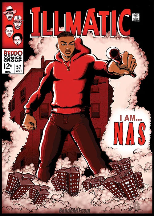 Stylized illustration of nas in red hoodie and pants on comic book cover poster canvas with order protection time details