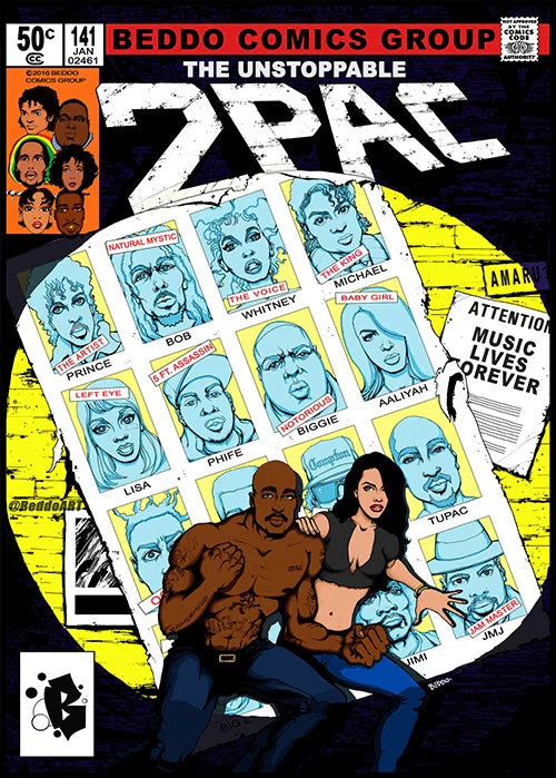 The unstoppable 2pac comic book cover poster canvas in black and yellow with distressed white lettering ideal for order protection time