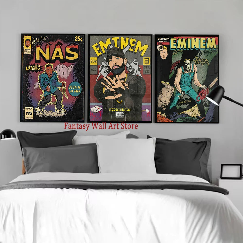 Three framed comic covers posters of nas and eminem with bold yellow text on dark canvas for music room decor protection time