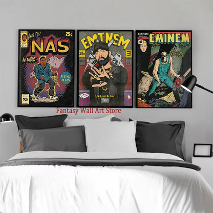 Three framed comic covers posters of nas and eminem with bold yellow text on dark canvas for music room decor protection time