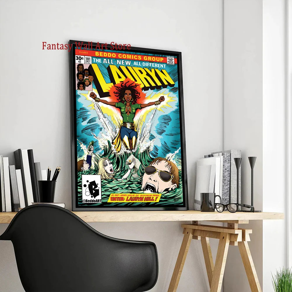 Vibrant comic book poster canvas print featuring superhero lauryn with bold yellow black lettering and teal background for wall decor order protection time