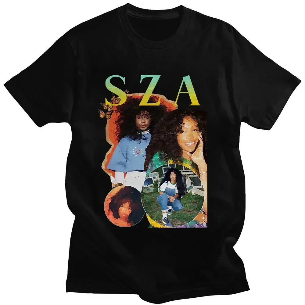 Black cotton t-shirt featuring vibrant sza graphic with colorful circular photos and butterfly accents for casual wear